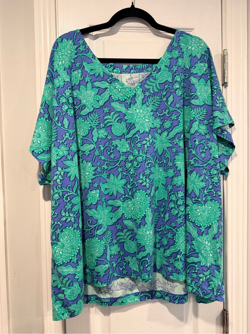 NWOT J.Jill Size 4X Luxe Supima Pleat-Back Tee Blue Floral Short Sleeve Top